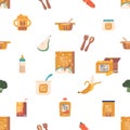 Delightful Seamless Pattern Featuring Cute Baby Foods From Milk Bottles And Spoons To Colorful Puree Jars or Juice