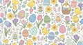 Pastel Easter Seamless Pattern with Eggs Bunnies and Floral Elements on White Background Spring Holiday Design Royalty Free Stock Photo