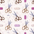 Seamless Pattern with Scissors and Thread Spools for Sewing and Crafting Royalty Free Stock Photo