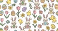 Pastel Easter Seamless Pattern with Bunnies Chicks and Eggs on White Background Floral Spring Design for Textile and Royalty Free Stock Photo