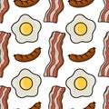 A delightful seamless vector pattern showcasing a cheerful breakfast composition of sunny-side-up eggs, crispy bacon strips, and Royalty Free Stock Photo
