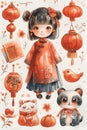 set of simple, pretty, sweet, and adorable cartoon watercolor illustrations Chinese New Year