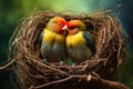 A delightful sight as a pair of birds sit atop their nest, content and watchful, Lovebirds building a nest shaped like a heart, AI