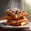 Delicious stack of golden waffles with powdered sugar falling, rich maple syrup drizzling, warm breakfast meal. Royalty Free Stock Photo