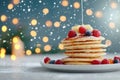Delightful stack of pancakes with syrup, berries, and butter on blue plate against festive background Royalty Free Stock Photo
