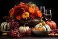 Delightful still life with fall motifs like pumpkins, autumn flowers, grapes and wine Royalty Free Stock Photo