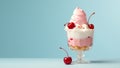 A delightful sundae in a glass bowl with layers of pink and white ice cream topped with fresh cherries against light blue