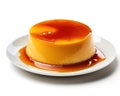 Delightful spanish flan on a white plate with caramel top on a white background, Generative AI