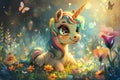 Delightful unicorn with a multi-colored mane in a magical meadow