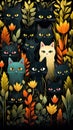 In a delightful vector graphic design, childlike drawings of cats peek out from lush plants, adding whimsy to the scene. Ceated