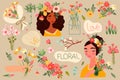 Delightful vector illustration featuring a woman, bouquet, and spring elements leaves, plants, petals, and buds. Ideal Royalty Free Stock Photo