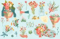 Delightful vector illustration featuring a woman, bouquet, and spring elements leaves, plants, petals, and buds. Ideal Royalty Free Stock Photo