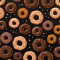 pattern of various chocolate and strawberry donuts on a black background. Royalty Free Stock Photo