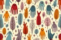 Whimsical Forest Pattern with HandShaped Creatures and Trees Royalty Free Stock Photo