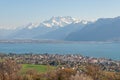 Delightful view of the Geneva lake and Montreux under the swiss alps from Corsier, Switzerland Royalty Free Stock Photo