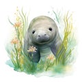 Delightful Watercolor Baby Manatee Swimming Amidst Sea Grasses AI Generated