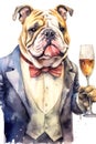 delightful watercolor bulldog raising a glass of champagne in a toast