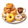 Delightful Watercolor Clipart: Crispy Donut And Chips Plate