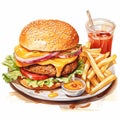 Delightful Watercolor Clipart Of Crispy Hamburger And Chips