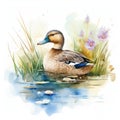 Delightful Watercolor Duck Splashing in a Pond AI Generated