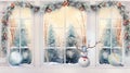 Delightful Watercolor Frosty Christmas Window with Twinkling Lights and a Festive Wreath AI Generated