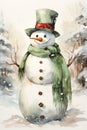 delightful watercolor of Frosty Snowman standing tall in the snow, his scarf, hat, and carrot nose making for a festive