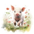 Delightful Watercolor Piglet Frolicking Amongst Blooming Clovers in Field AI Generated
