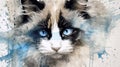 Watercolor portrait of a ragdoll cat on a white background with splashes in living room