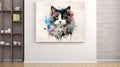 Watercolor portrait of a ragdoll cat on a white background with splashes in living room