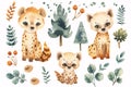 watercolor set features adorable baby hyenas with a collection of whimsical foliage and forest elements