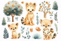 watercolor set features adorable baby hyenas with a collection of whimsical foliage and forest elements