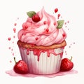 Watercolor Valentine cupcake, isolated Cupcake clipart. Valentine\'s Day, Birthday, Holiday, Food