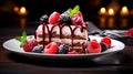 Baked berry birthday cake dessert with fresh fruit temptation on a plate on a dark background. Haute cuisine