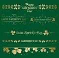 delimiters. Golden decorative borders with clover leaves. Vector trefoils for Saint Patrick Day