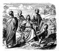 Jesus Feeds the Five Thousand with Five Loaves of Bread and Two Fish vintage illustration