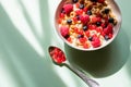 Deliscious healthy breakfast with flakes and fruits isolated on green background.muesli with yogurt .wholegrain muesli breakfast, Royalty Free Stock Photo