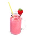 A delish pink cocktail isolated over the white background. A mason jar with a fresh strawberry. Protein yogurt for breakfast. Royalty Free Stock Photo