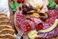 Delisious snacks on wooden board: sausages, bread, cheese, chestnuts and beer. Close view. Royalty Free Stock Photo