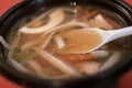 Delitious ramen japan soup closeup, fast food eating in plastic bowl Royalty Free Stock Photo