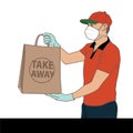 Deliver man wearing face mask in red uniform handling bag of take away  give to costumer in front of the house. Postman and Royalty Free Stock Photo