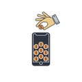 Deliver money manually to a mobile phone. hand puts dollar coin in the phone icon. vector symbol Royalty Free Stock Photo