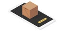 Deliver. Vector isometric illustration. Smartphone with a yellow button and brown wooden box with transportation cargo symbols.