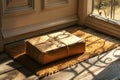 Delivered parcel on door mat near entrance. Generative AI Royalty Free Stock Photo