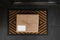 Delivered parcel on door mat near entrance Royalty Free Stock Photo