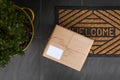 Delivered parcel on door mat near entrance Royalty Free Stock Photo