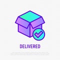Delivered parcel: opened box with check mark. Thin line icon. Modern vector illustration for shipping service