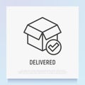 Delivered parcel: opened box with check mark. Thin line icon. Modern vector illustration for shipping service