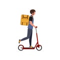 Delivering food vector illustration. Delivery man,  young male riding an scooter. Courier rides on scooter with package. Royalty Free Stock Photo