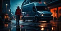 Delivering goods by man and delivery. A man standing next to a van in the rain Royalty Free Stock Photo