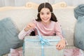 Delivering happiness. Wait for santa claus. Christmas time. Happy child with present box. Happy new year. Celebrate Royalty Free Stock Photo